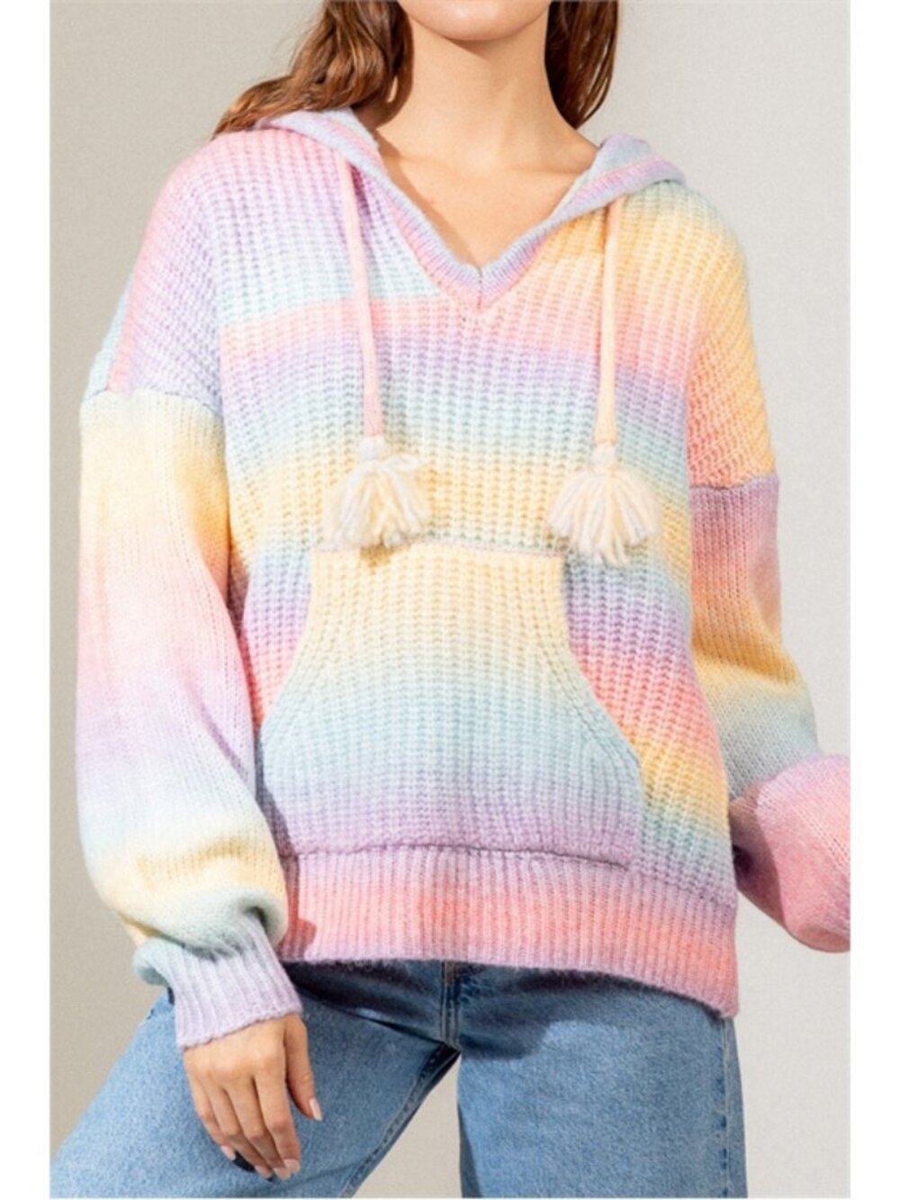 Pastel Rainbow Stripe Sweater Knit Hoodie Size M or L
